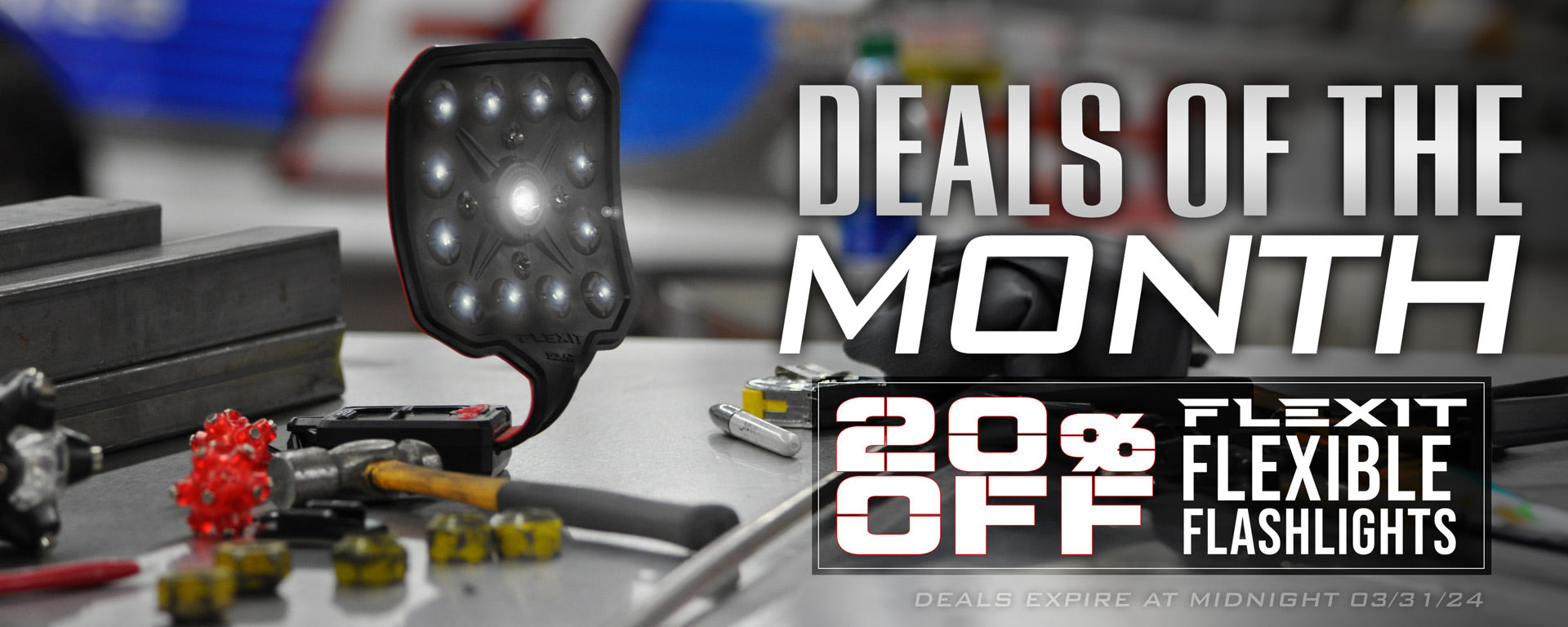March deals of the month banner. 20% off FLEXIT Flexible Flashlights