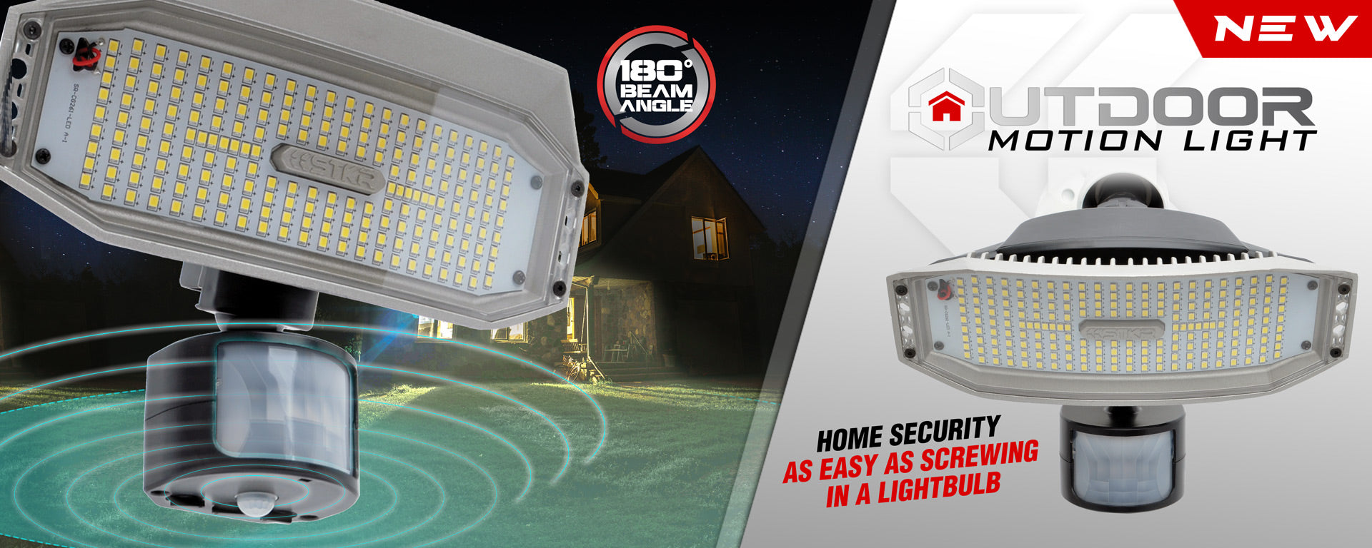 Outdoor motion home secutity light banner featuring two pics of the product. text reads: home security, as easy as screwing in a lightbulb. 180 degree beam angle