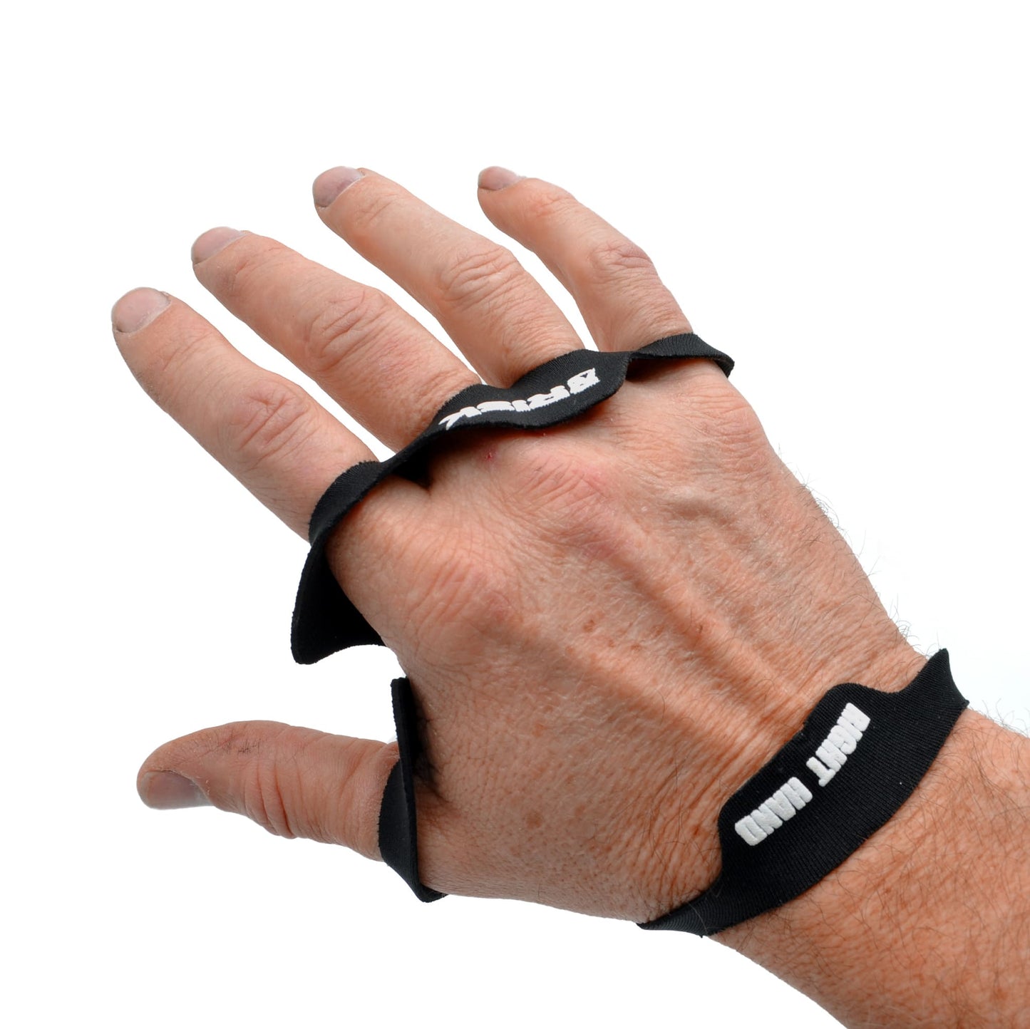 The back of a hand wearing a black palm protector.