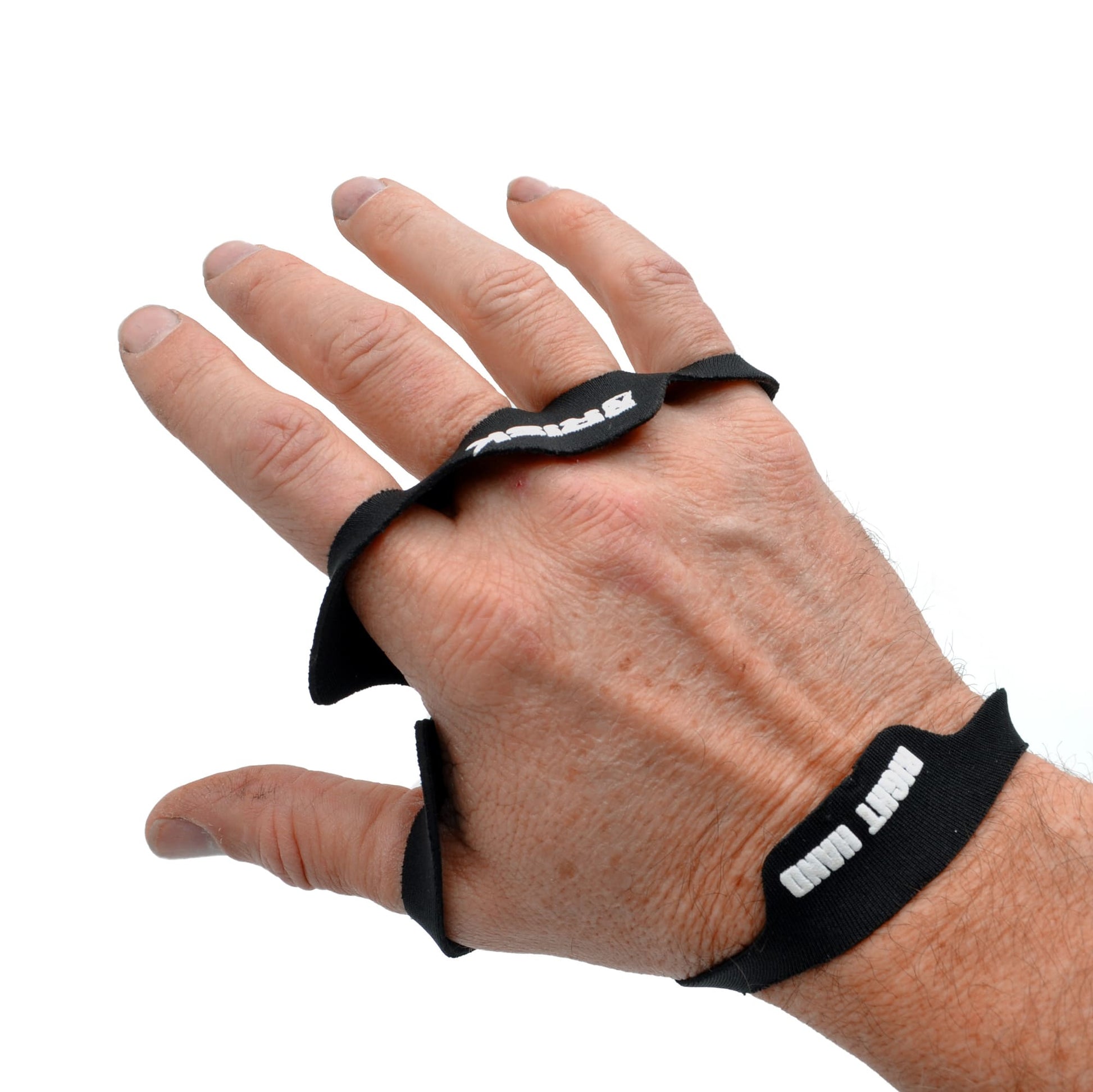 The back of a hand wearing a black palm protector.