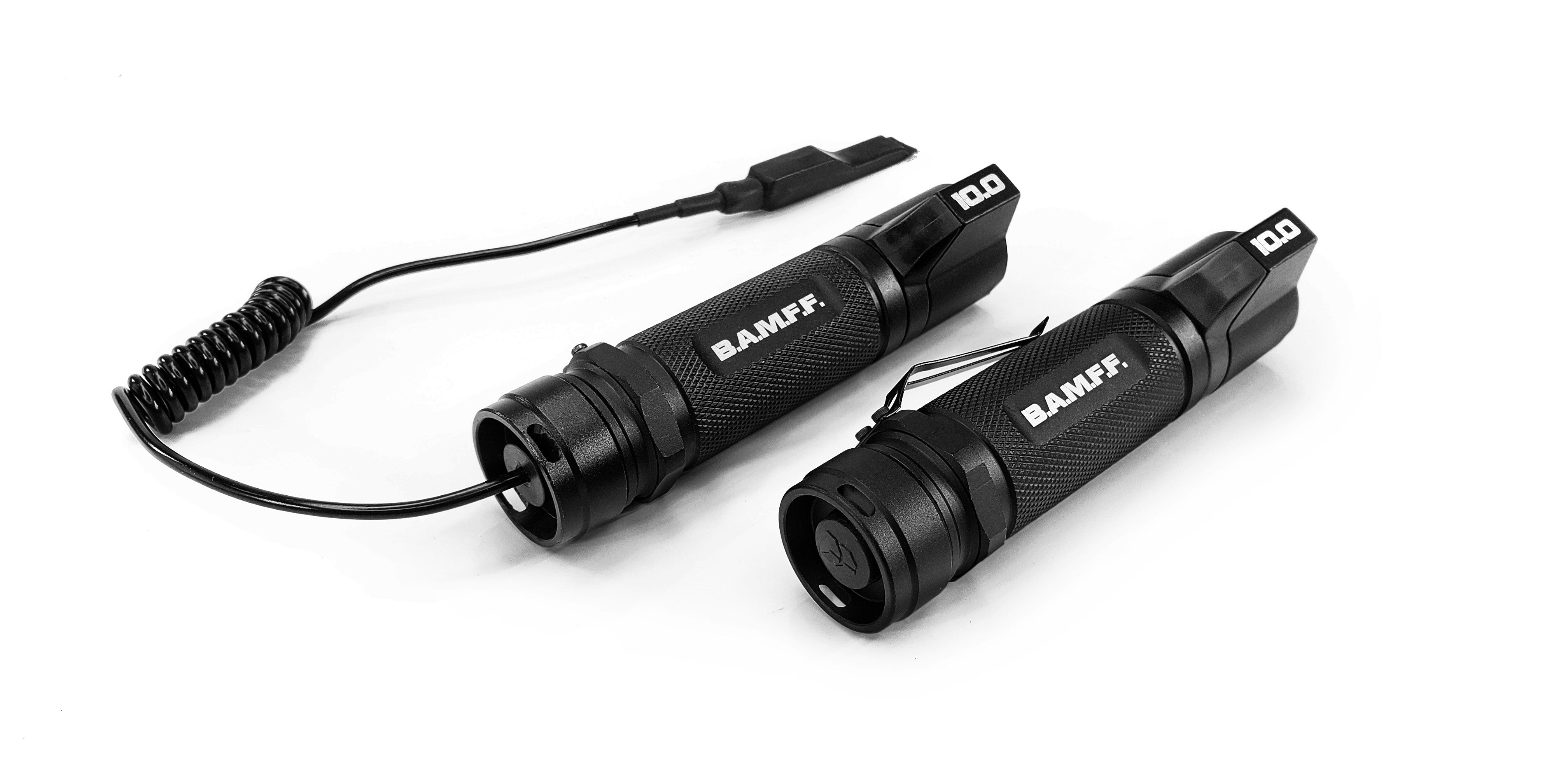 Two BAMFF tactical flashlights side by side. One with a pressure switch and one with a standard cap switch.