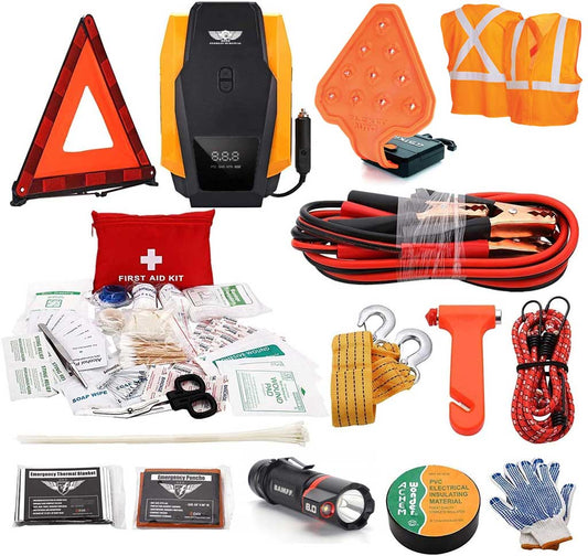 a collage of different items to keep in your car in case of an emergency including lighting devices, jumper cables, and a tow rope just to name a few