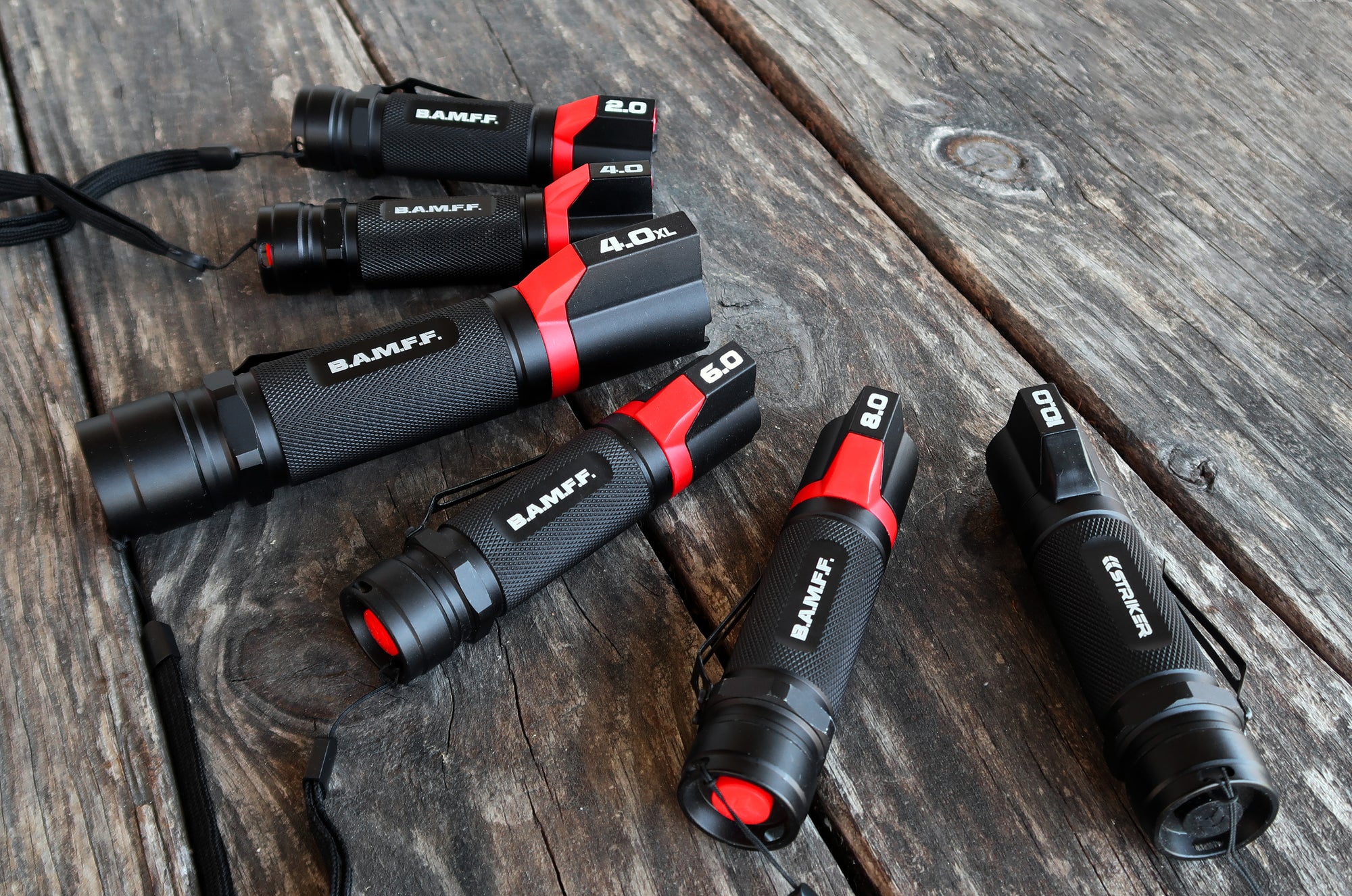 The BAMFF family lineup of STKR Tactical Flashlights