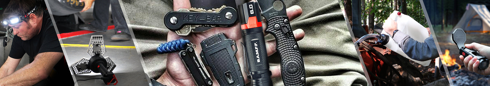 every day carry product collection banner featuring an STKR product lifestyle collage and an EDC pic in the middle that features a BAMFF Tactical Flashlight