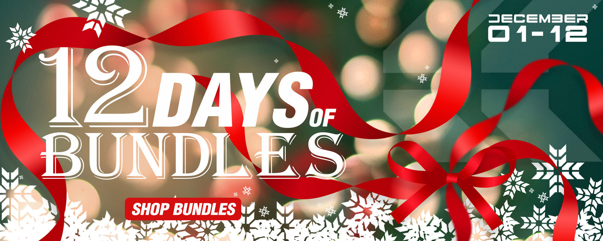 12 Days of Bundles STKR banner. looks like a present with red bows and white snowflakes. December 01-12