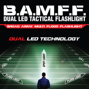 BAMFF DUAL LED TACTICAL FLASHLIGHT football field poster showing the 2 distinct light arrays this flashlight is capable of.