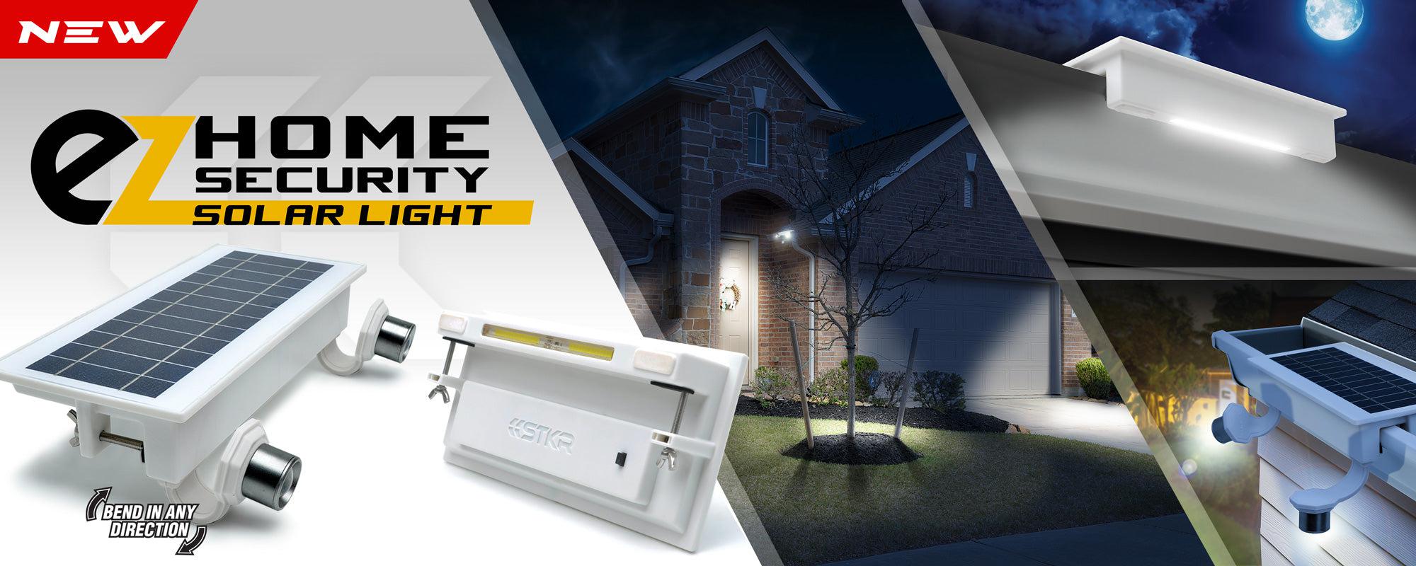 EZ Home Security Solar Gutter Lights Banner featuring the Floodlight and the FLEXIT Spotlight.