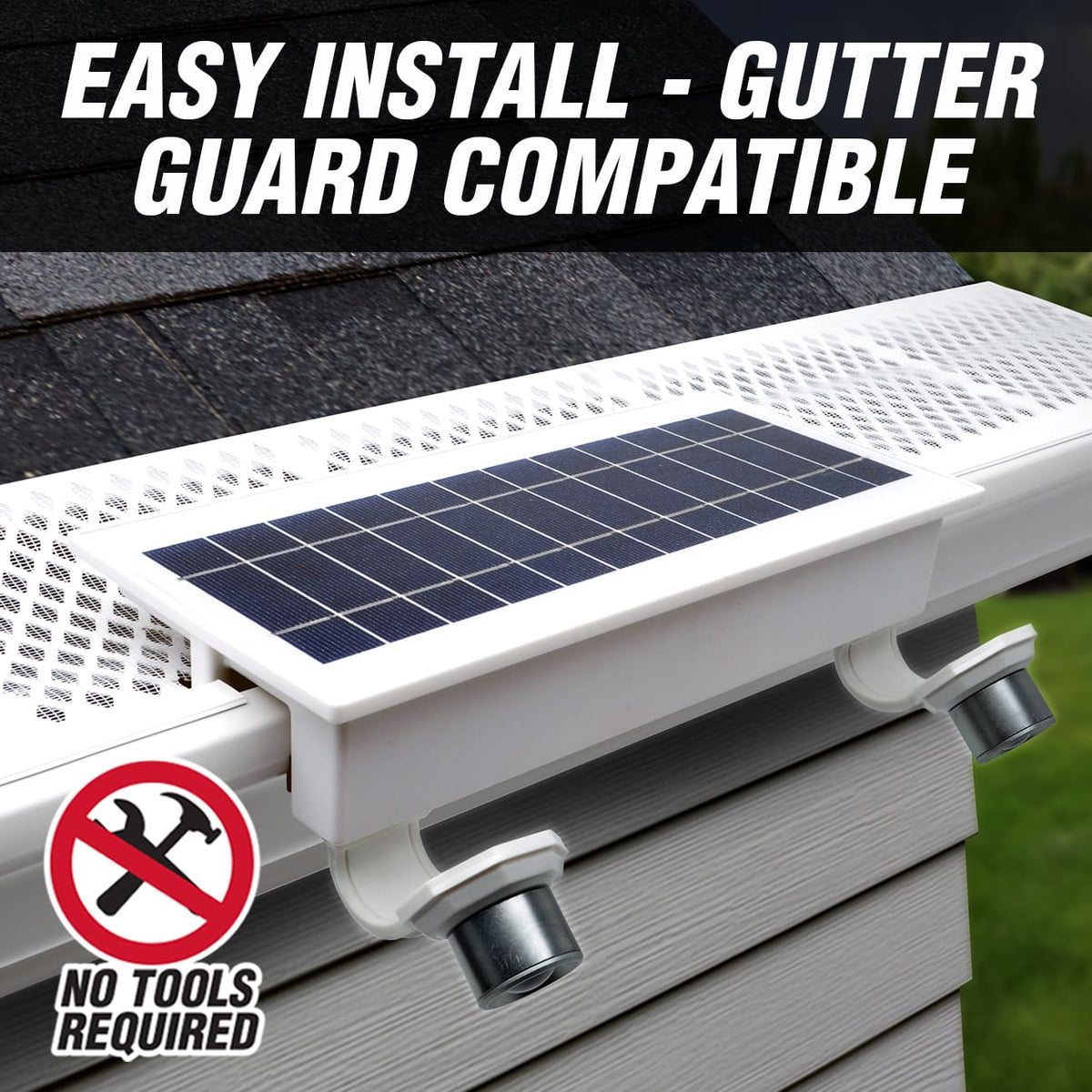 Solar panel gutter light on a roof with text indicating ease of installation and compatibility with gutter guards.