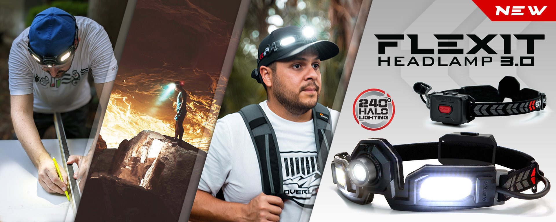 FLEXIT Headlamp 3.0 Banner featuring 3 lifestyle images and 2 studio pics of the product