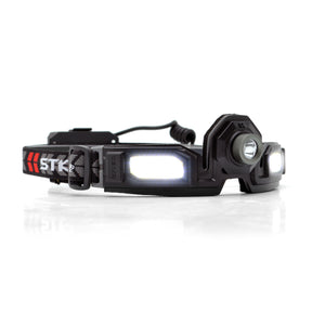 3qtr front shot of a FLEXIT Headlamp 3.0 with the lights on in a white studio environment