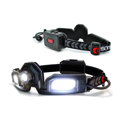 Adjustable black headlamp with LED lights and patterned strap.