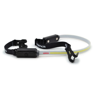 LED headlamp with adjustable strap and black casing.