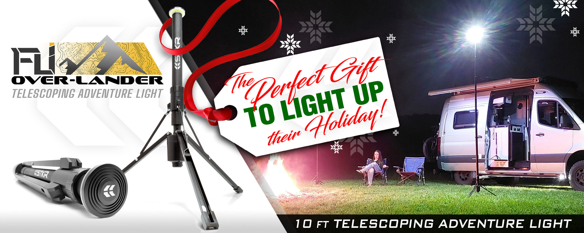 FLi OVER-LANDER perfect gift home page banner. "The Perfect Gift TO LIGHT UP their Holiday" Image of product on left, lifestyle on right featuring a conversion van camping scene.