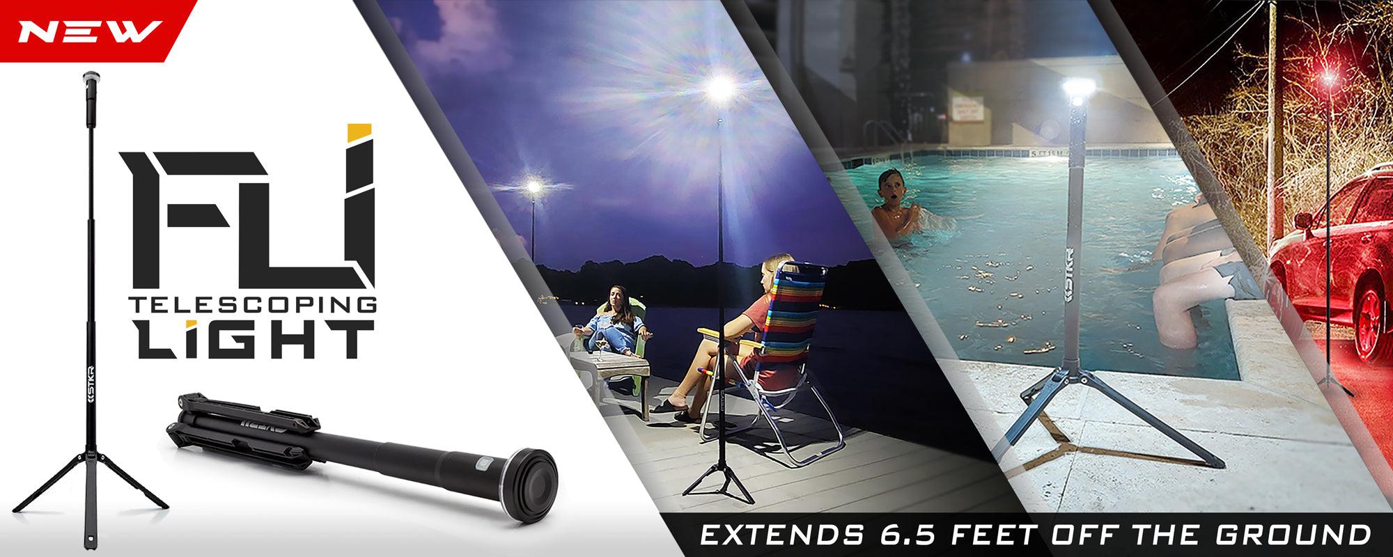 FLi Telescoping Light banner featuring lifestyle and studio product pics.