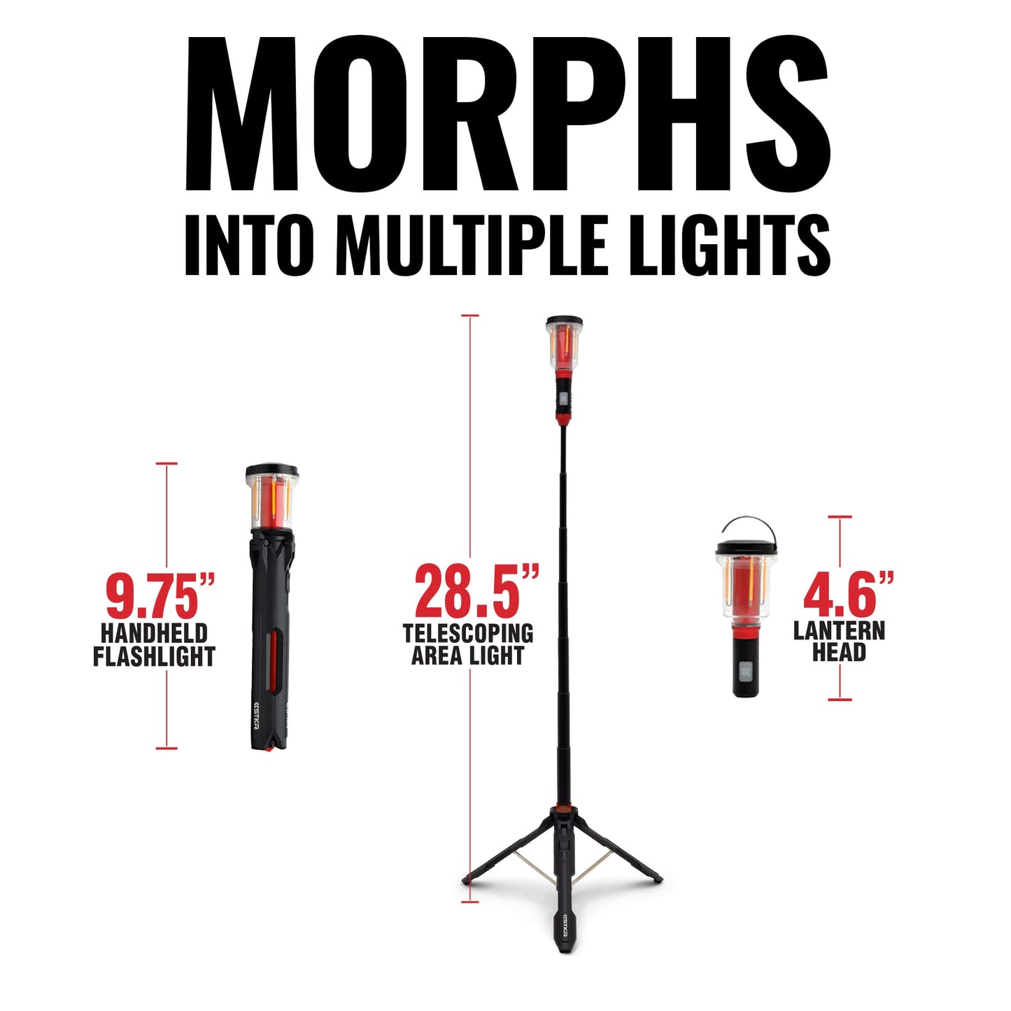 Multi-functional FLi telescoping light device with adjustable components and measurements on a white background.
