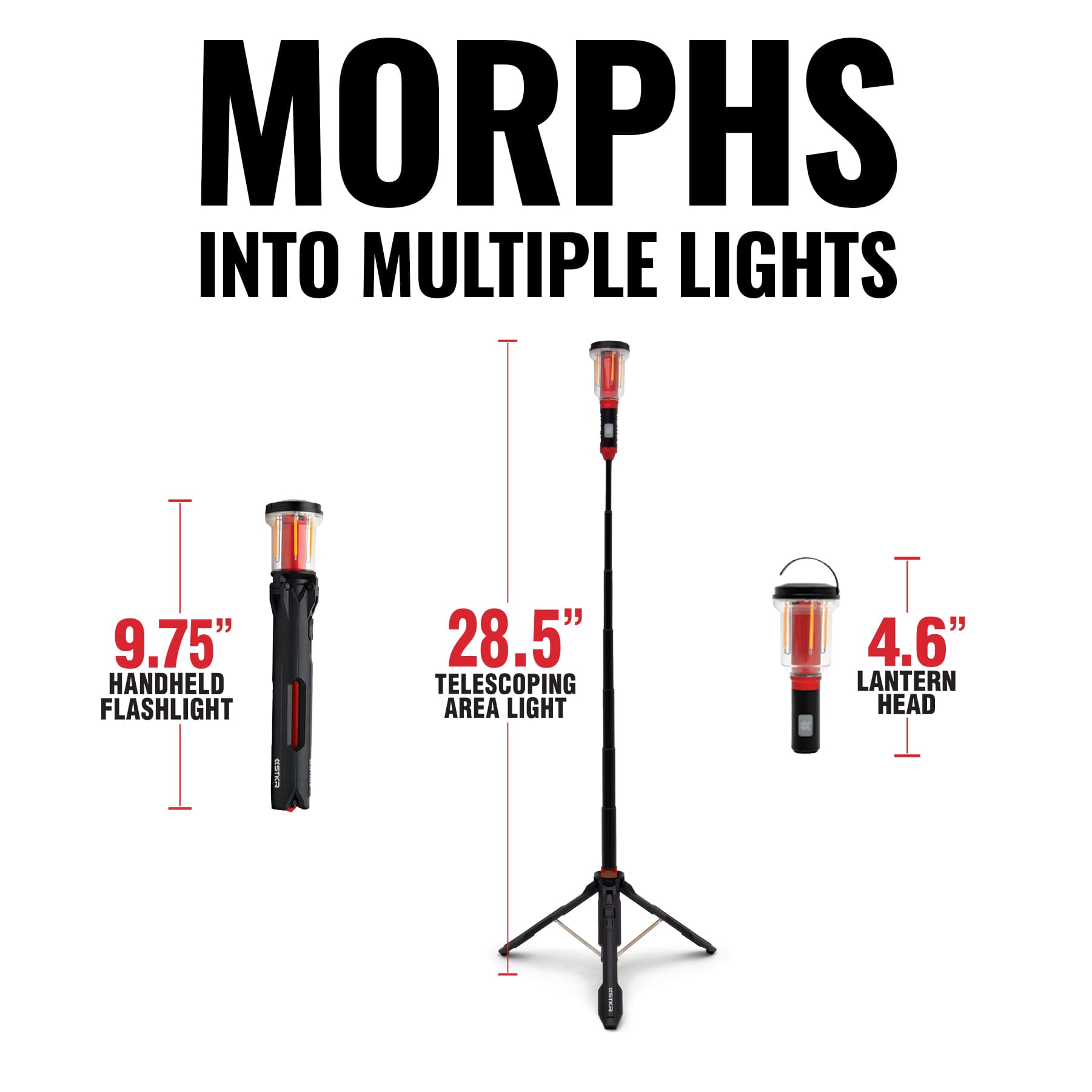 Multi-functional FLi telescoping light device with adjustable components and measurements on a white background.