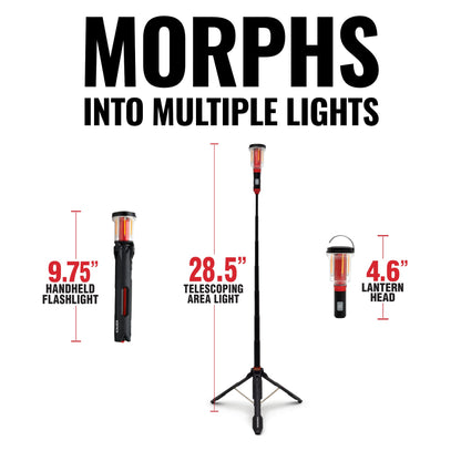 Multi-functional FLi telescoping light device with adjustable components and measurements on a white background.
