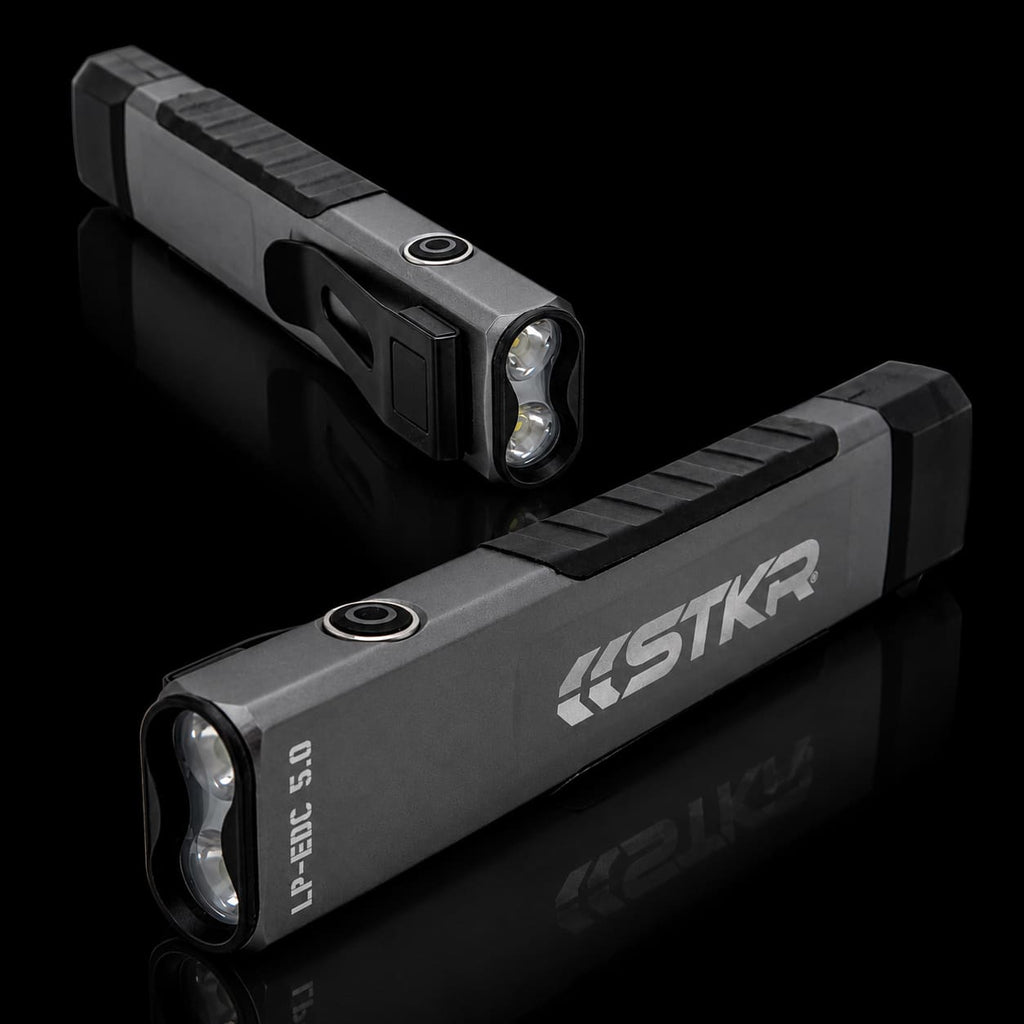 LP-EDC 5.0 Low Profile Everyday Carry "Flat" Flashlight shown from 2 different 3/4 views on white