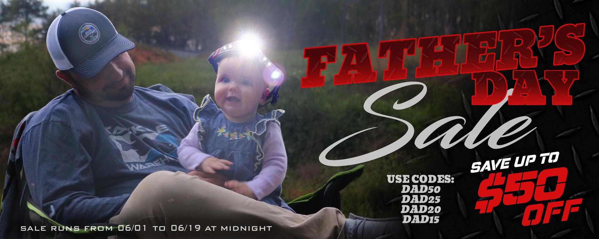 STKR FATHERS day sale desktop banner. Save up to $50 off. Use codes: DAD50, DAD25, DAD20, DAD15. Sale runs from 06/01 to 06/19 at midnight. Image of a father with his baby girl on his lap. She's wearing a FLEXIT Headlamp 2.5