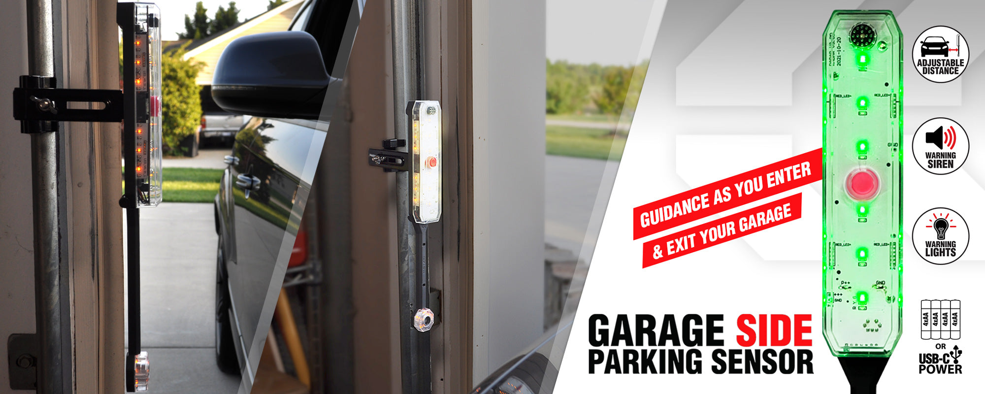 Garage side parking sensor homepage banner featuring one garage use pic and one studio image with titles and feature logos. Text reads: Garage Side Parking Sensor, Guidance as you enter & exit your garage, Adjustable Distance, Warning Siren, Warning Lights