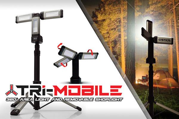 TRi-Mobile homepage banner featuring a use case pic and 1 studio panel. Area Light shown camping. White studio pic shows the adjustability of the 3 light panels and removable shop light from tripod.