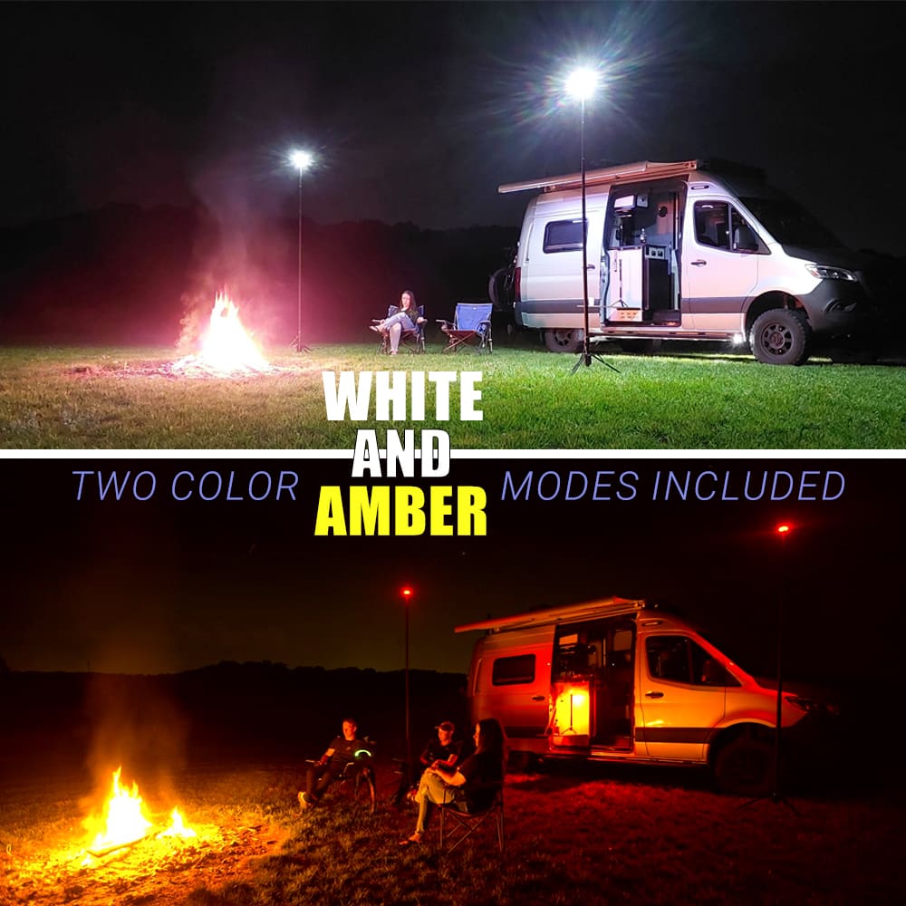 FLi OVER-LANDER 10' Telescoping Light two color mode options showing it in use rv camping. top shows white light and bottom shows amber light.