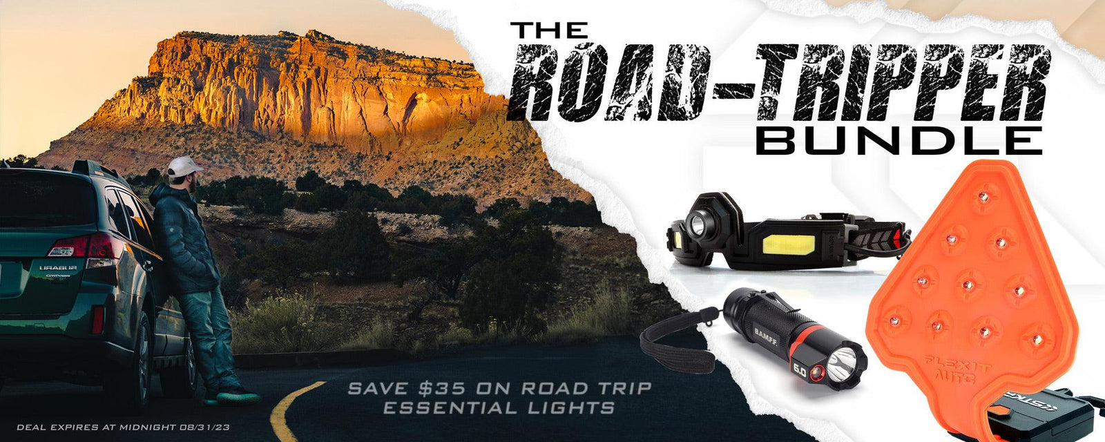 The Road-Tripper Bundle Banner featuring the FLEXIT Headlamp 6.5 Pro, the BAMFF 6.0 Tactical Flashlight, and the FLEXIT Auto flexible flashlight.