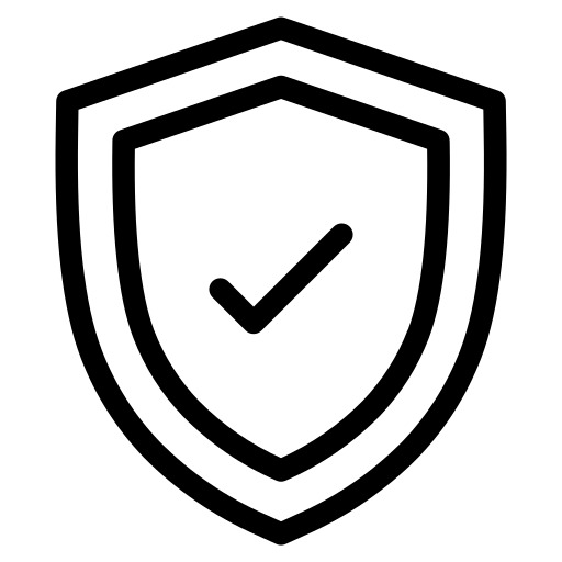 Black shield icon with a check mark on a white background