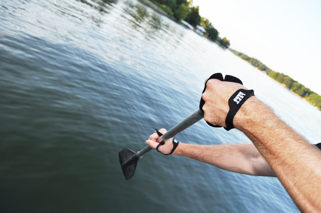 Palm Protectors worn while paddling on a lake