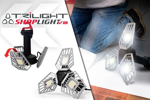 TRiLIGHT Shoplight V2 banner featuring 1  DIY flooring use pic and 2 white studio pics.