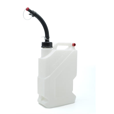 White plastic fuel canister with black pour spout and red cap.