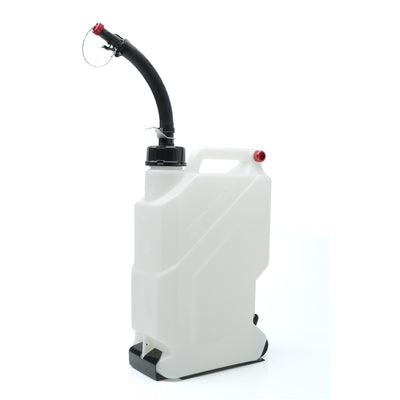 White plastic fuel container with a black spout and red cap.