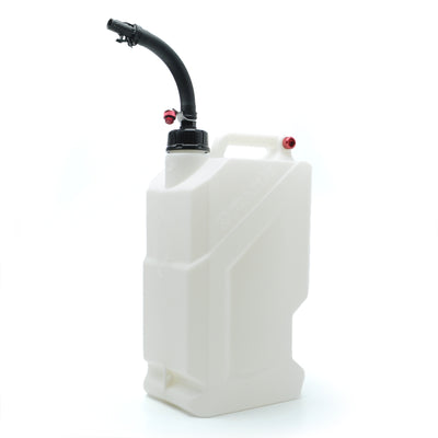 White plastic fuel container with a black flexible spout.