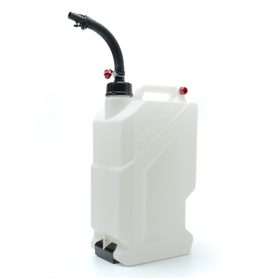 White fuel container with a black spout and built-in handle.