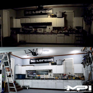Before and After of MPI Motion Sensor Garage Light installed in garage by STKR Concepts