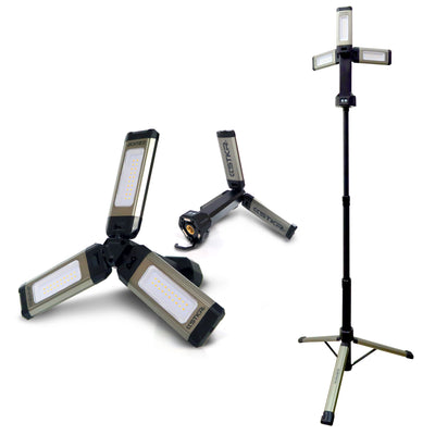 Collapsible LED work light shown in folded and extended positions.