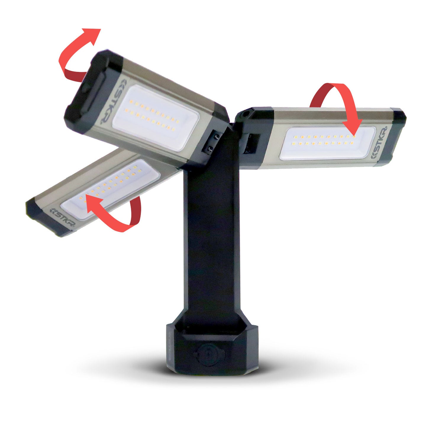 Adjustable LED work light with three rotating heads.